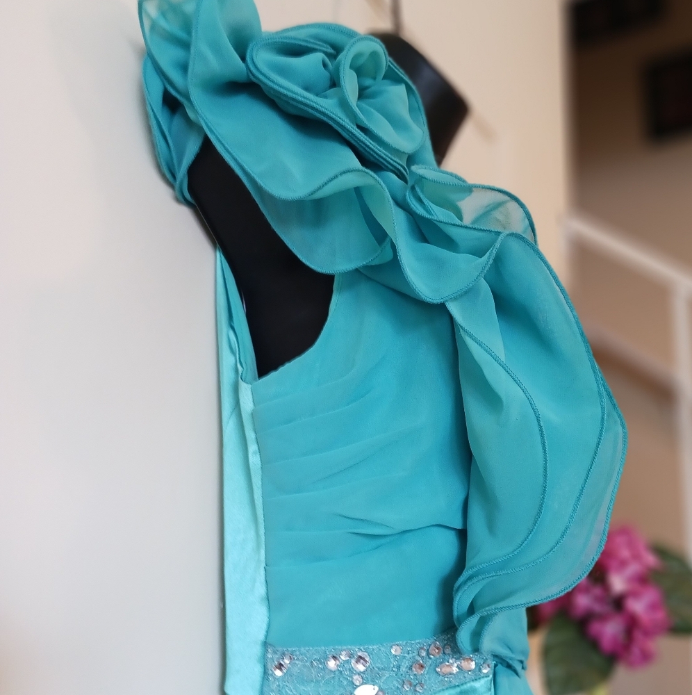 B.DARLIN evening short dress original 90's chiffon and Satin aqua blue sz. S-M - Picture 5 of 10